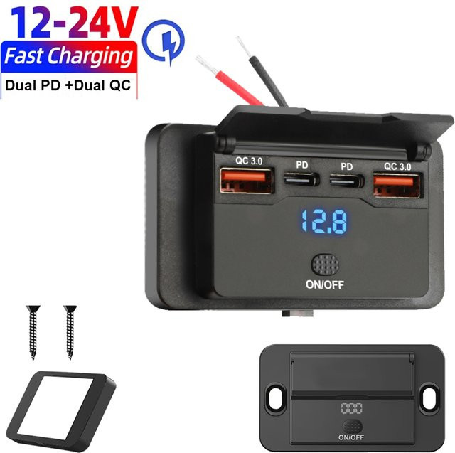 Kebidumei 4-Port 12/24V USB-C Wandsteckdose mit Schalter, wasserdichtes Auto-Ladegerät für Bus, Wohnmobil und LKW in Schwarz - Bild 1