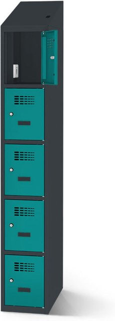 rotstahl Fächerschrank mit Ladefunktion in Türkis und anthrazitgrauem Korpus, 5 Fächer, B: 30 cm, H: 200 cm - Bild 1
