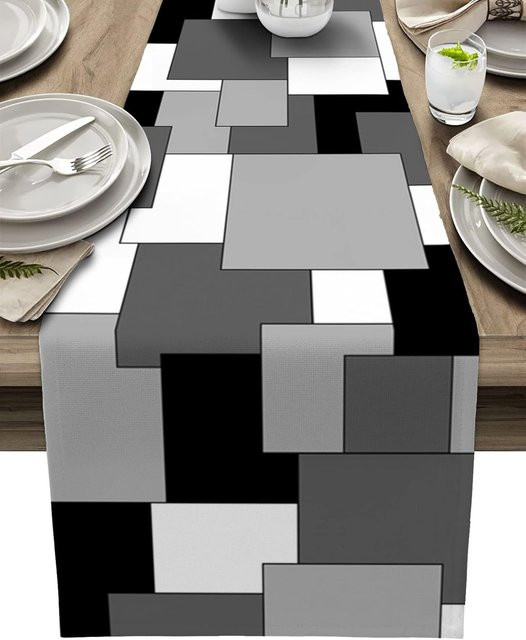 JMG Household Supplies Tischläufer aus Leinen mit abstraktem geometrischem Farbblock-Patchwork in Weiß, Schwarz und Grau, Breite: 33 cm, Länge: 150 cm - Bild 1