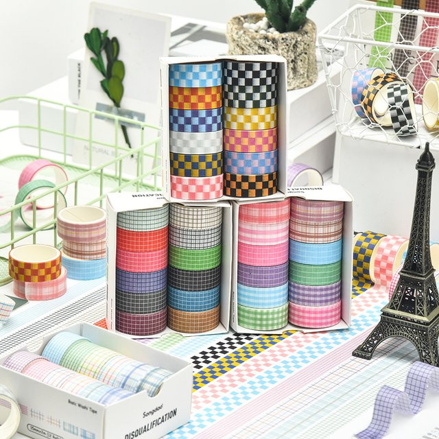 12 Rollen Washi-Tape in kariertem Design, buntes Scrapbooking-Klebeband aus Papier, Multicolor - Bild 1