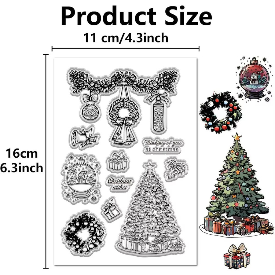 2er Set transparente Silikonstempel Frohe Weihnachten mit Motiven wie Weihnachtsbaum, Schneemann, Kränzen, Kerzen und Schleifen zur Wiederverwendung - Bild 2