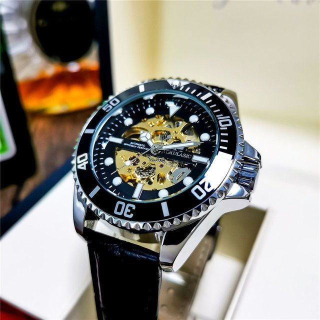 AOKULASIC Armbanduhr Automatik, Edelstahl, Leder, Schwarz, Herren - Bild 1