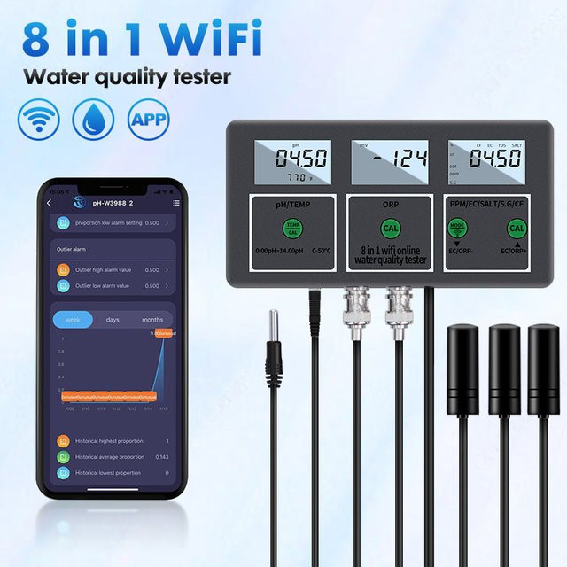 Tuya Wifi 8-in-1 Digitaler Wasseranalysator in Schwarz mit PH EC TDS Salz ORP CF S.G Temperatur Messung via App Remote Online Wasserqualitätsmonitor - Bild 1