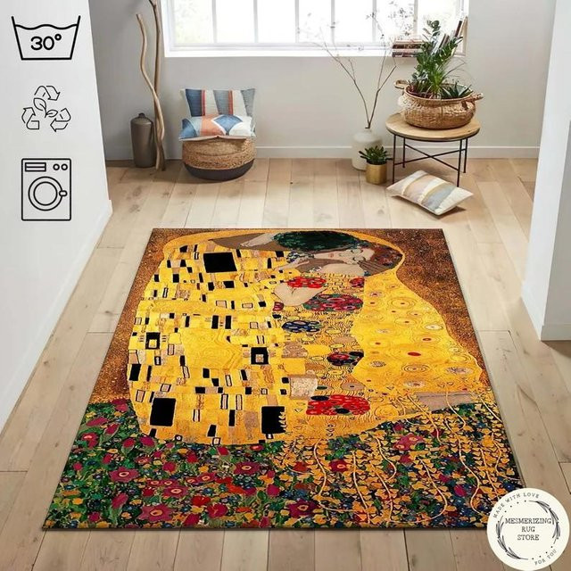 LjqFifteen Kunsteppich Gustav Klimt Der Kuss mit Goldakzenten, Rechteckig, B/H: 80 x 50 cm - Bild 1