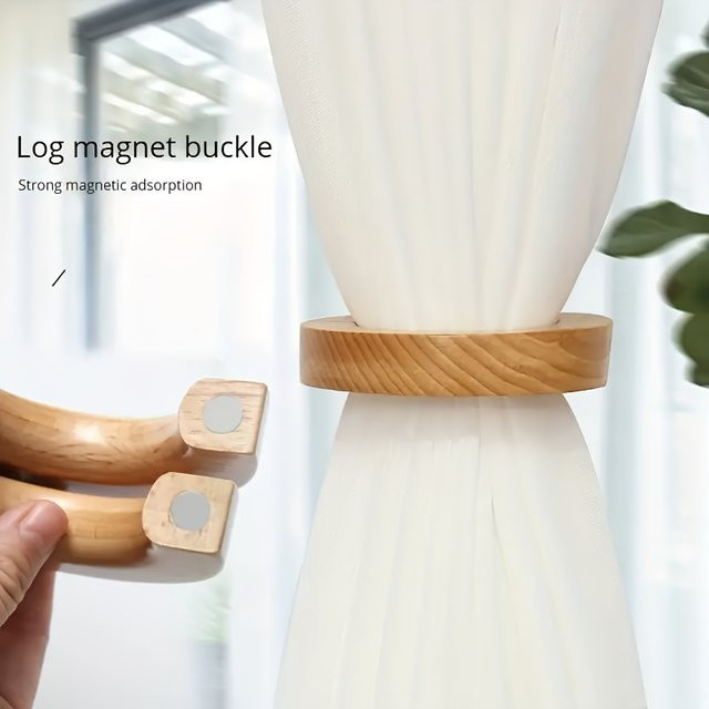 2er-Set magnetische Vorhanghalter aus Holz in Braun zur einfachen Befestigung ohne Bohren - Bild 1