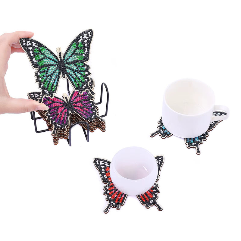 10er Set DIY Diamantmalerei Untersetzer mit Schmetterlings-Motiv aus Holz und Kristall-Strass in Mehrfarbig inklusive Halterung - Bild 5