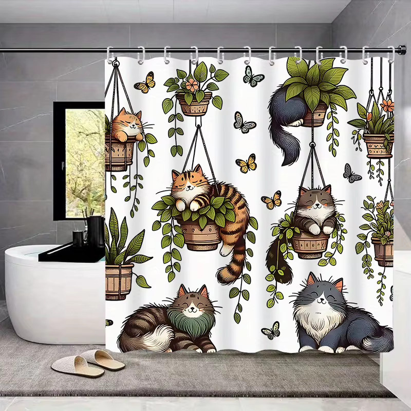 VIKAMA Duschvorhang mit Katzen- und Blumen-Motiv in Multicolour, inklusive 12 Haken, Höhe: 180 cm, Breite: 90 cm - Bild 2