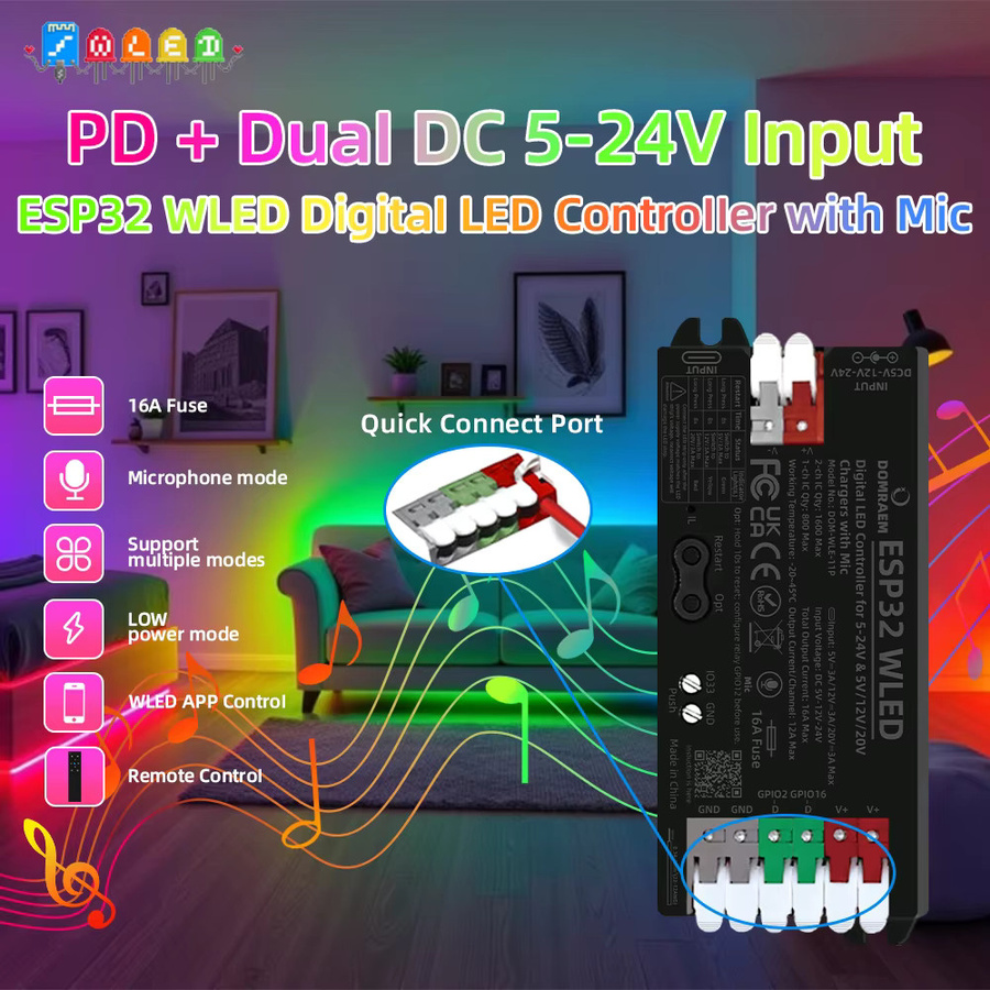 DOMRAEM PD ESP32 WLED Digitaler LED-Controller mit Mikrofon, Dualer Stromeingang USB-C PD & DC5-24V für WS281x APA102 SK6812, Weiß - Bild 3