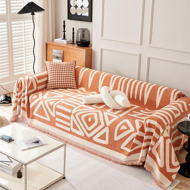 Böhmische Sofadecke aus Chenille mit Quasten in Orange, geometrisches Design, B/T: 130 x 180 cm - Bild 1