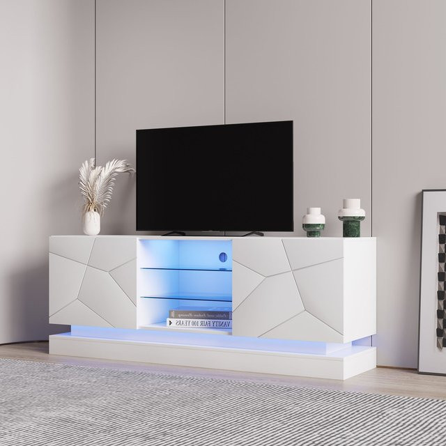 Modernes Lowboard von aosom.de als TV-Ständer in Weiß mit verstellbarer Glasablage und geräuschlosen Scharnieren, B/T/H: 160 x 60 x 38,5 cm - Bild 1