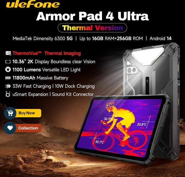 Ulefone Armor Pad 4 Ultra 5G Robustes Tablet mit Wärmebildkamera, 10,36 Zoll 2K Display, 16GB RAM, 256GB ROM und Android 11 - Bild 1