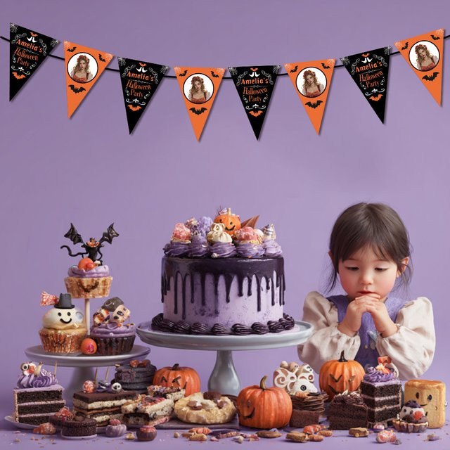 WEIGAO 8er Set Personalisierte Halloween Wimpelkette mit Fledermaus-Design in Schwarz und Orange als hängende Partydekoration - Bild 1