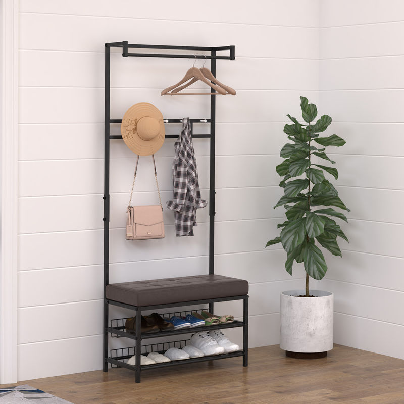 HOMCOM Garderobenständer mit Sitzbank und Schuhregal aus Metall in Schwarz und Braun, B/T/H: 72,5 x 35 x 180 cm - Bild 2