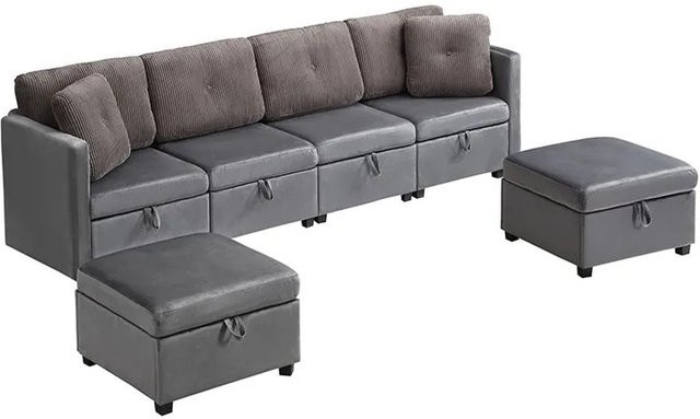 Merax Modular Ecksofa in U-Form mit 6 Modulen aus Samt und Cord in Grau inklusive Ottoman und Kissen - Bild 1