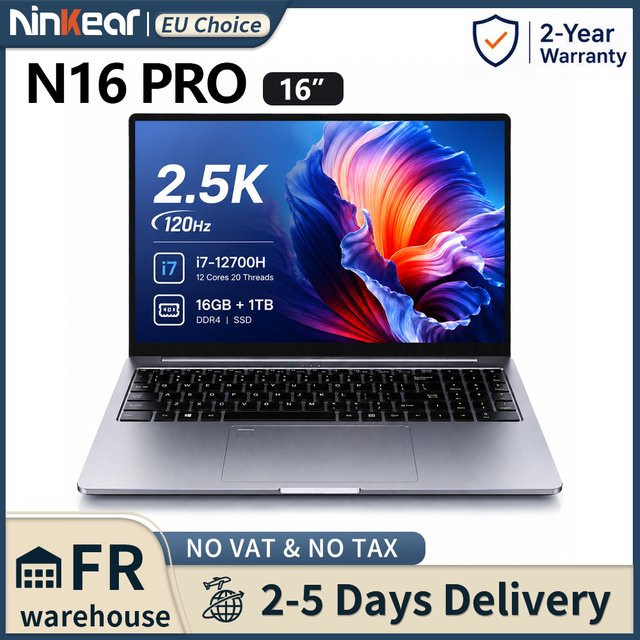 Ninkear N16 Pro Laptop Silber mit Intel Core i7-12700H, 16 Zoll 2.5K 120Hz IPS-Display, 16GB DDR4, 1TB SSD, Windows 11 - Bild 1