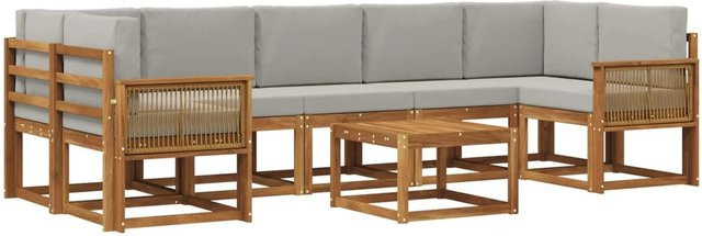 vidaXL Outdoor-Sofagarnitur 8-teilig in L-Form aus Akazienholz und Polyester in Natur und Hellgrau - Bild 1