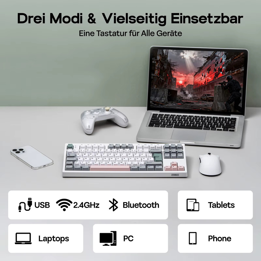 Epomaker TH87 Mechanische Tastatur mit deutschem TKL Layout, Hot-Swap, Gasket Mount, kabellos via Bluetooth, 2,4GHz oder Kabel für PC und Mac - Bild 3