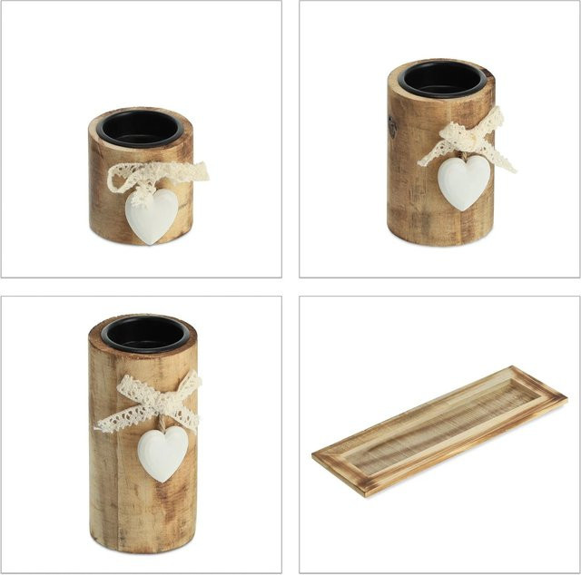 Relaxdays Teelichthalterset aus MDF in Steinoptik mit Tablett, Braun und Weiß, B/T/H: 39,5 x 13,5 x 13 cm - Bild 1