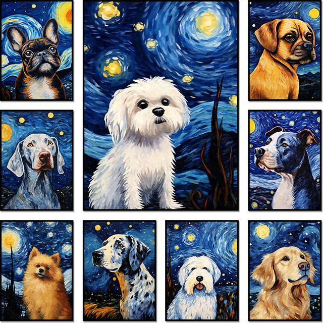 Potdemiel Sternennacht Wandkunst Poster Puggle Hund Motiv in Mehrfarbig - Bild 1