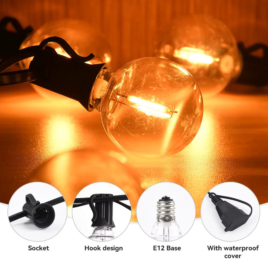 Arbrac LED-Lichterkette für den Außenbereich mit warmweißen G40 Globe-Birnen aus bruchsicherem Kunststoff, wasserdicht, Schwarz - Bild 2