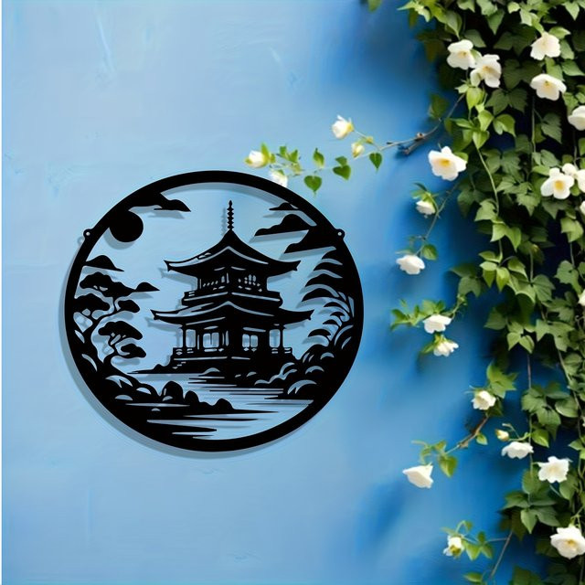 CIFBUY Japanische Pagoden-Zen-Garten-Wandkunst aus Metall in Schwarz als wetterfeste Gartendekoration - Bild 1
