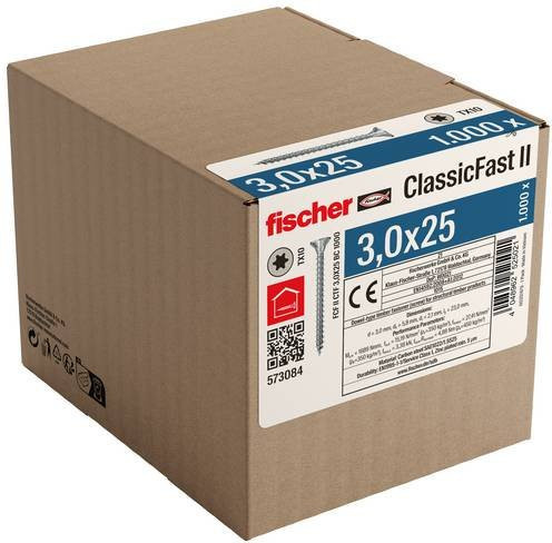 Fischer ClassicFast II Spanplattenschraube mit Senkkopf und Torx-Antrieb, verzinkt, Farbe: Silber, Durchmesser: 3,0 mm, Länge: 25 mm - Bild 2