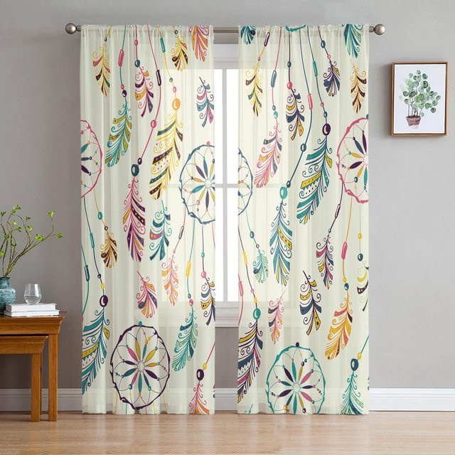 Yiran Furniture Transparente Ethno-Voile Vorhänge im Boho-Stil mit Feder-Design, Farbe: Weiß, Breite: 135 cm, Höhe: 115 cm - Bild 1