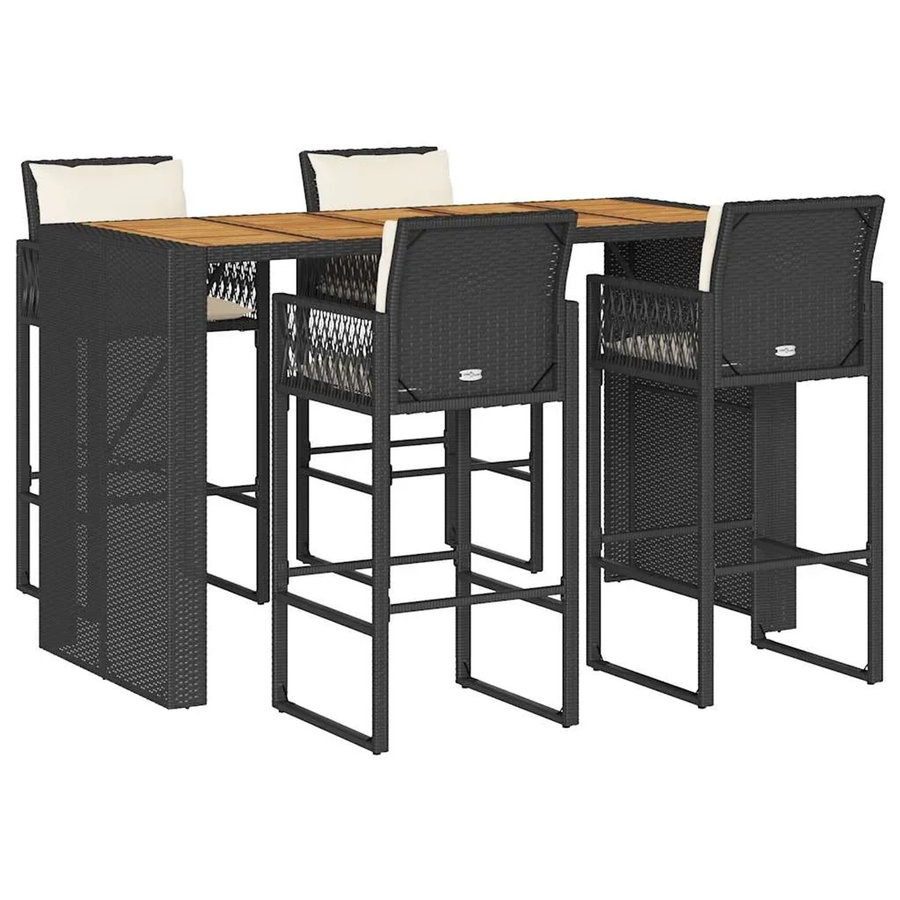 vidaXL 5-teiliges Gartenbar-Set aus Poly-Rattan und Akazienholz in Schwarz mit Kissen - Bild 2