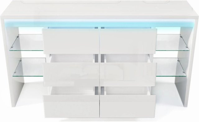 Merax Sideboard modern in Weiß mit LED-Beleuchtung und 6 Schubladen, B/T/H: 155 x 40 x 80 cm - Bild 1