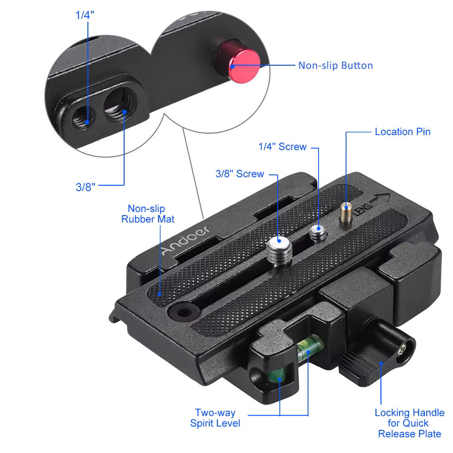 Andoer Videokamera-Stativ-Schnellspanner-Klemmadapter mit Schnellwechselplatte in Schwarz für Manfrotto 501 500 Ah 701 HDV 503 HDV Q5-Kopf - Bild 2