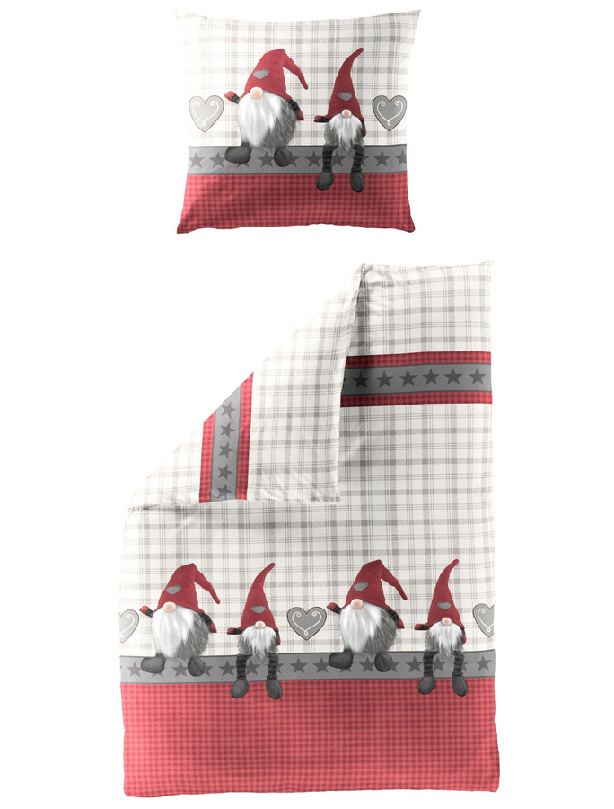Bierbaum Biber Bettwäsche mit Wichtel, Sternen und Karo in Grau, Rot und Beige, Material: Baumwolle, B/H: 135 x 200 cm mit Kissenbezug 80 x 80 cm - Bild 1