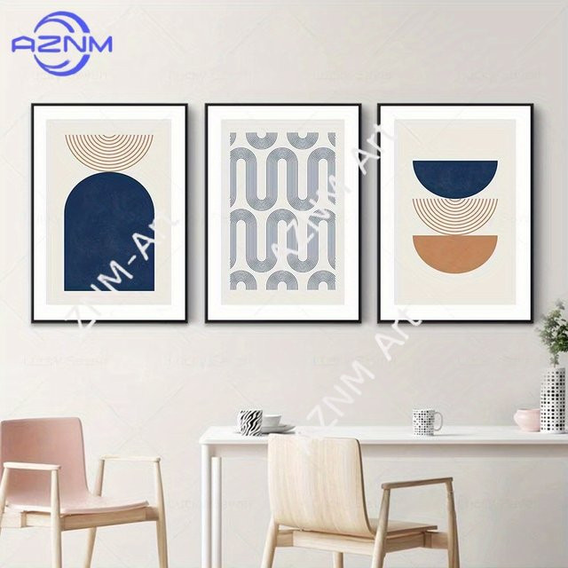 3-teiliges Mid-Century Wandbild von AZNM mit geometrischem Bogen-Motiv in Marineblau und Braun auf Leinwand - Bild 1