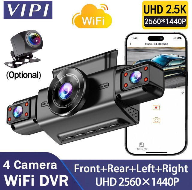 MYOLSD 2,5K 4-Kanal Dash Cam mit 360 Grad Rundumschutz, WIFI App Steuerung, Auto DVR mit Front- und Rückfahrkamera, Schwarz - Bild 1