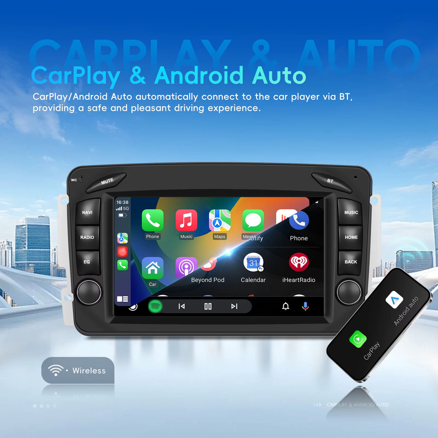 Podofo 2 DIN Autoradio mit 7 Zoll Display, GPS, WiFi, FM RDS und Mirror Link in Schwarz für Mercedes-Benz CLK (W209), E-Klasse (W210) und C-Klasse (W203) - Bild 2