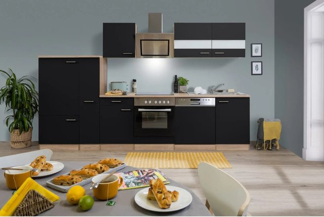 Respekta Economy Küchenzeile KB310ESSSC in Schwarz-Eiche Sägerau, moderne Einbauküche mit Soft-Close-Türen und Glaselementen, Breite: 310 cm, Tiefe: 55,5 cm, Höhe: 7 cm - Bild 1