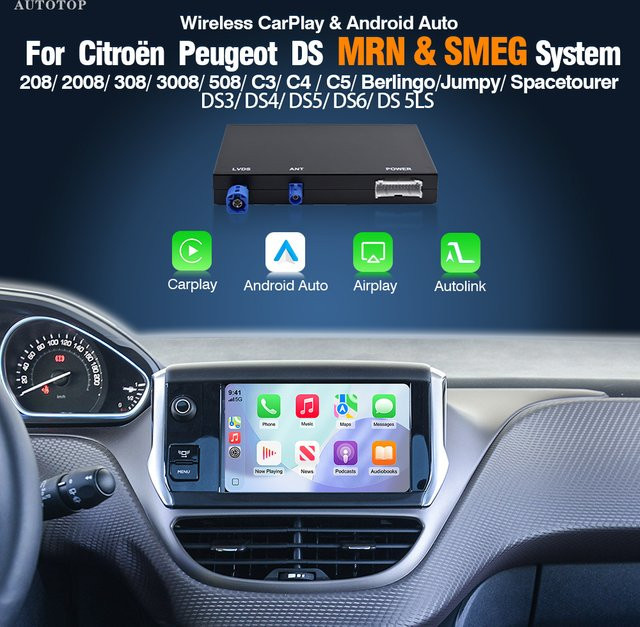 AUTOTOP Kabelloses CarPlay und Android Auto Modul für Peugeot und Citroen SMEG Modelle in Schwarz mit Unterstützung für Rückfahrkamera - Bild 1