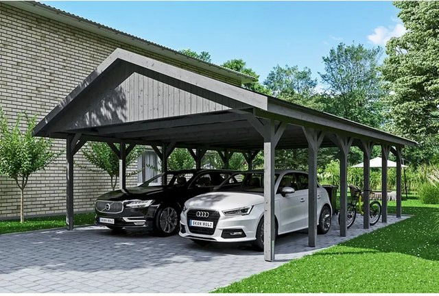 Skan Holz Carport Wallgau Satteldach aus Nadelholz in Grau mit schwarzen Dachschindeln B/T: 620 x 900 cm, Höhe: 354 cm - Bild 1