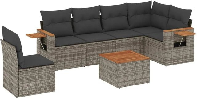 vidaXL 7-teilige Garten-Sofagarnitur in L-Form aus Poly-Rattan und Akazienholz in Grau mit Kissen - Bild 1