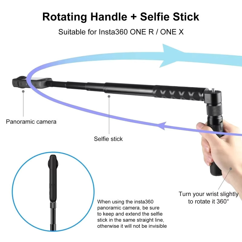 Vamson Unsichtbarer Selfie Stick mit rotierender Kugel als Handheld Stativ für Insta360 X3, One X2, One RS und GoPro in Schwarz - Bild 2