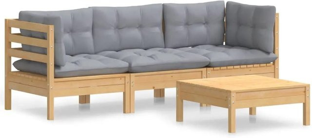 vidaXL 4-tlg Garten-Lounge-Set aus Kiefernholz mit grauen Polsterkissen in L-Form - Bild 1