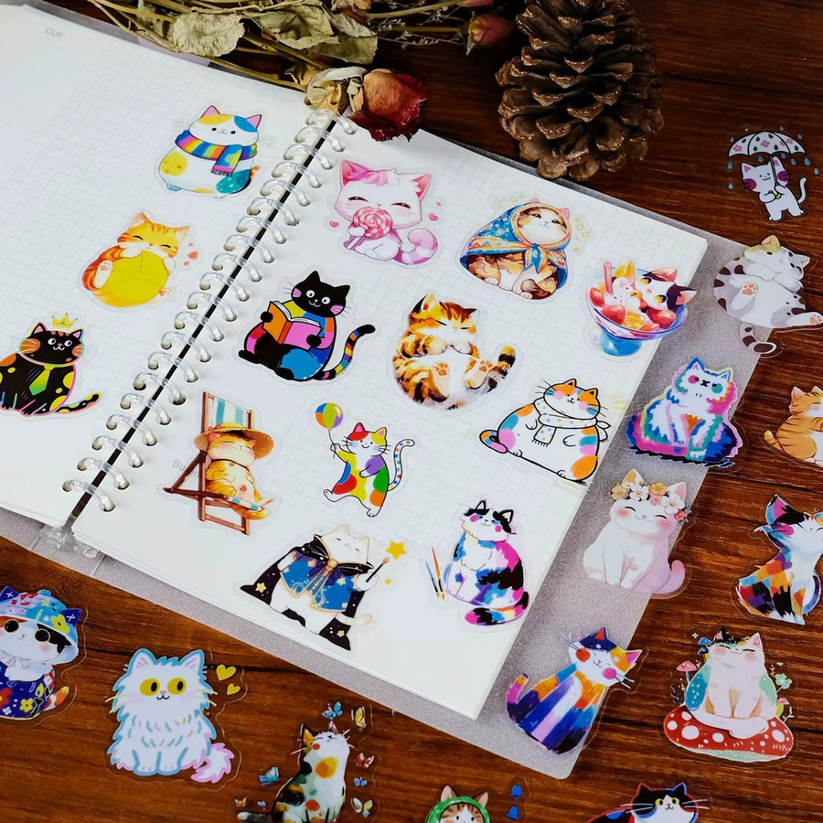 BulingBulingStickers Store Bunte Katzen Aufkleber aus transparentem PET für DIY-Dekorationen, 56 Stück, Mehrfarbig - Bild 5