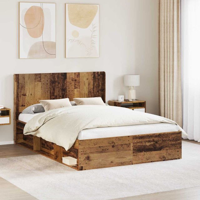 vidaXL Bettgestell mit Stauraum und Kopfteil in Holzoptik, Braun, B/T/H: 120 x 200 cm - Bild 1