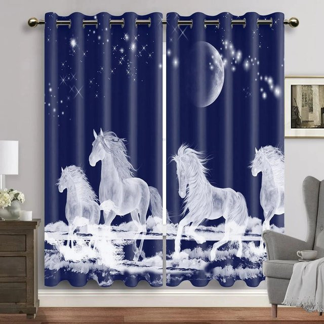 Pferde-Verdunkelungsvorhänge von A Family Of Home Textiles, blau, 2er-Set, Breite: 75 cm, Höhe: 166 cm - Bild 1