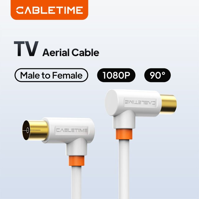 CABLETIME 90-Grad Digital-TV-Audiokabel für Satellitenantennen und HD-Fernseher in Weiß - Bild 1
