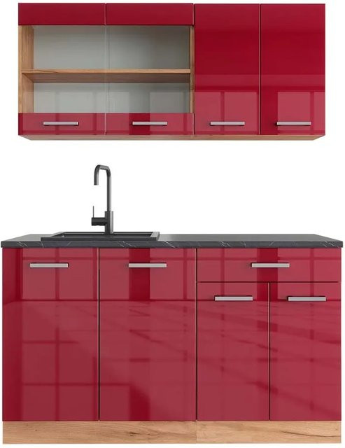 Vicco R-Line Singleküche Bordeaux Hochglanz und Goldkraft Eiche mit Anthrazit, Breite: 140 cm - Bild 1