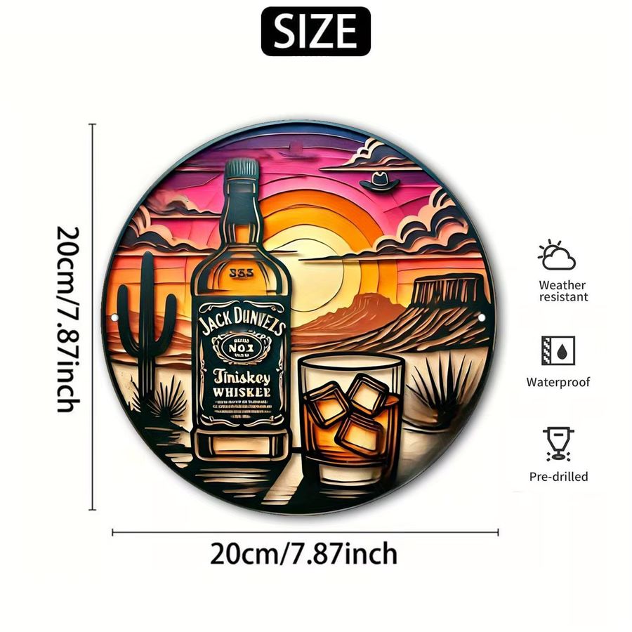 Potdemiel Vintage Whiskey Sunset Metallwandkunst aus Aluminium mit westlicher Wüstenlandschaft, rund, Durchmesser: 19,99 cm - Bild 3