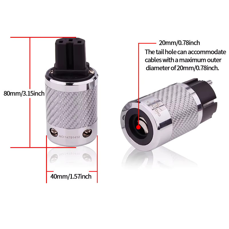YYAUDIO High-End Hifi IEC Audio-Stromversorgungsstecker Adapter aus Kohlefaser mit Rhodium-Beschichtung, Silber, 15A/250V - Bild 2