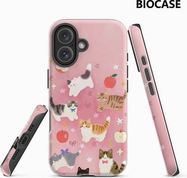 Pink Kitty & Apple Delight Handyhülle für iPhone 17 16 15 14 13 12 Pro Max Plus mit doppelschichtiger Rückseite in Pink - Bild 1
