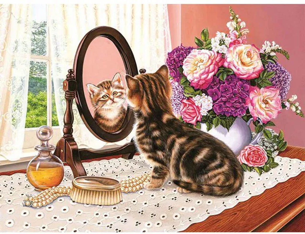 FIYO Diamond Painting Set mit Katzen- und Blumenmotiv, Mehrfarbige Kristall-Stickerei mit runden Strasssteinen, B/H: 30 x 20 cm - Bild 1