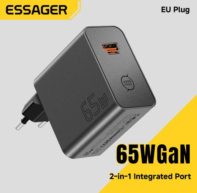 ESSAGER 65W GaN Ladegerät mit PD3.0 PPS QC4.0 Schnellladefunktion für iPhone, Samsung, MacBook Air und Huawei Laptop - Bild 1